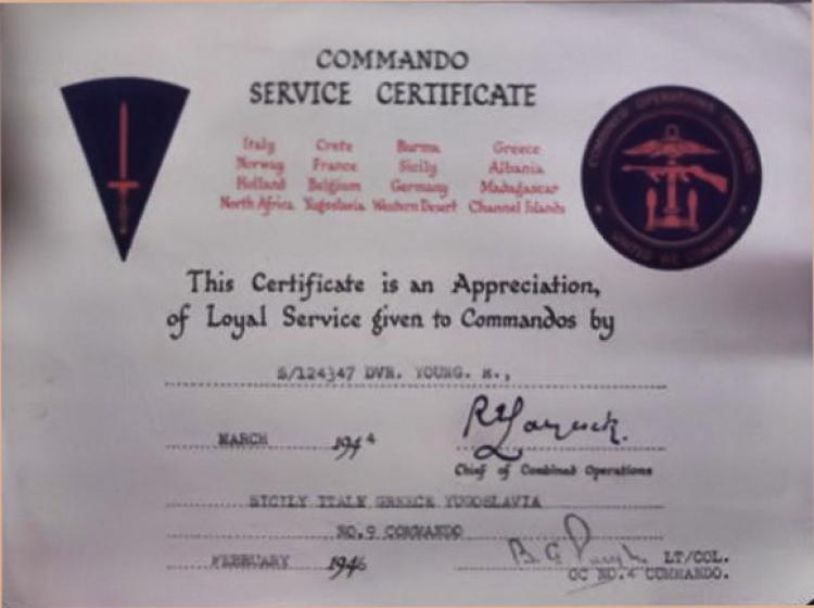 Ronald  Young Commando Service certificate
